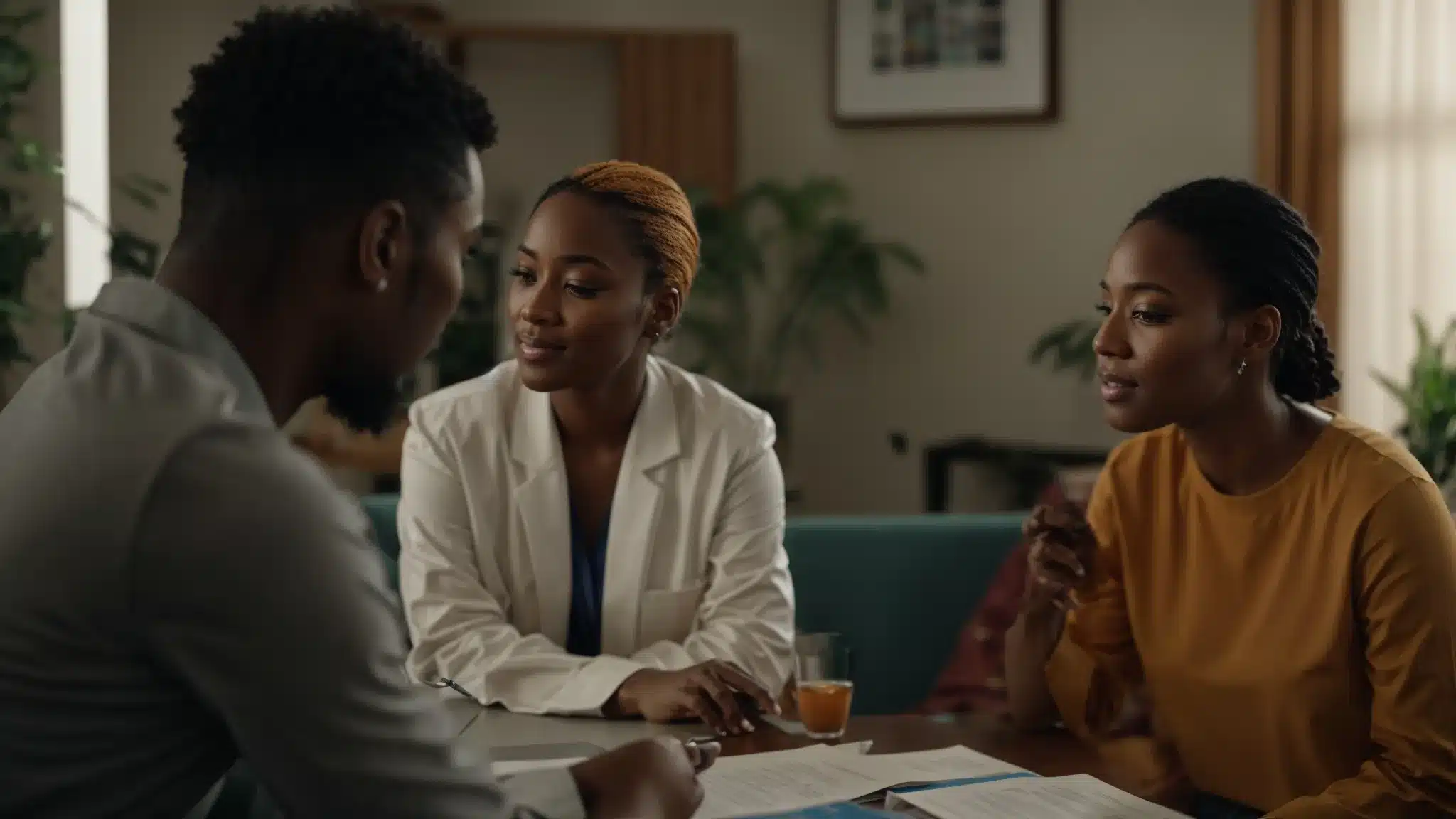 a therapist engaging with a diverse group of patients in a welcoming and supportive environment, surrounded by informational resources and a calendar for consistent communication.