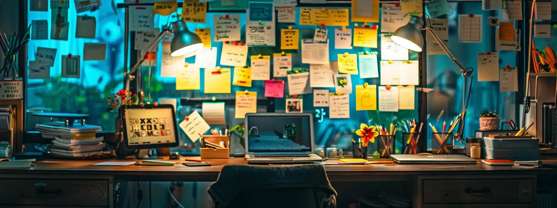 a therapist's office desk covered with notes and colorful sticky tabs filled with long-tail keywords and tools for keyword analysis.