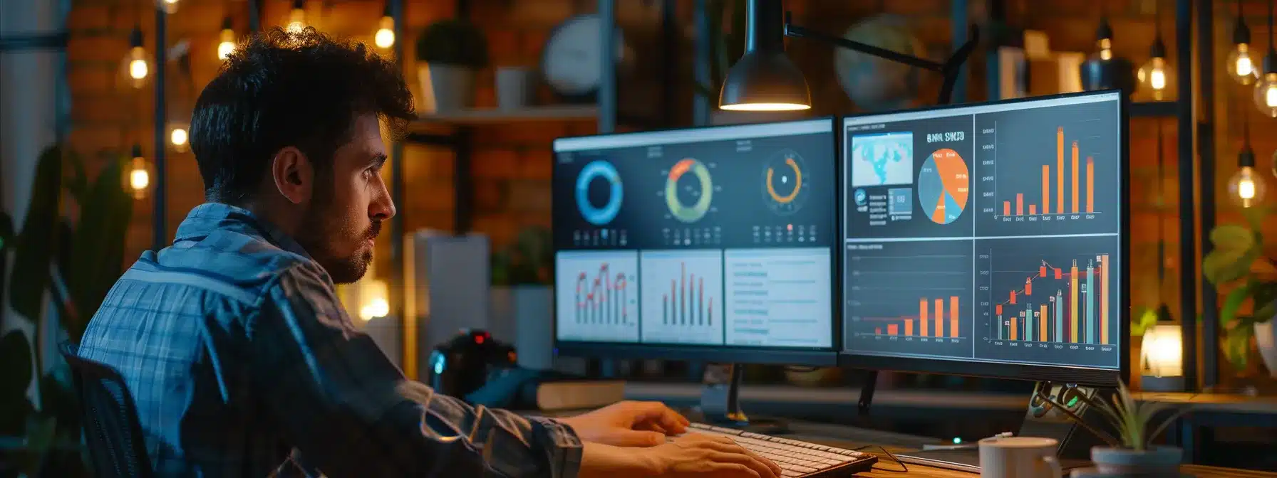 an individual analyzing a computer screen displaying detailed local seo performance metrics, surrounded by charts and graphs, with a determined expression.