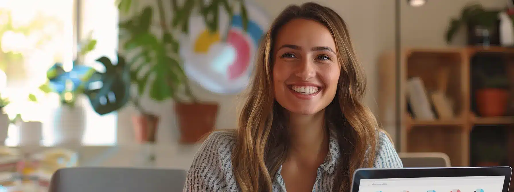 a therapist smiling as they read positive client reviews on a laptop, surrounded by charts showing analytics data for enhancing their reputation and attracting clients.