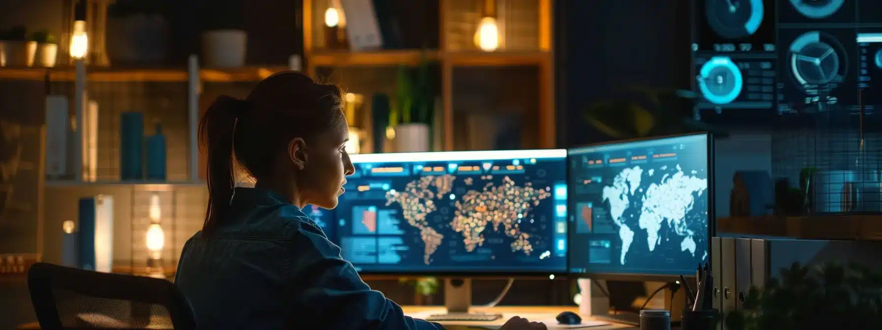 a therapist sitting at a desk with a computer, surrounded by maps and graphs showing local search rankings and performance metrics.