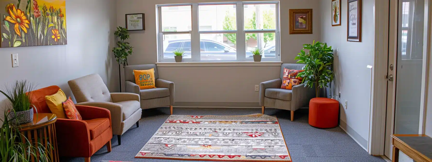 a therapist's office with a welcoming sign and a serene waiting area, decorated with calming colors and comfortable seating, showcasing the importance of therapist niche keywords in local seo.