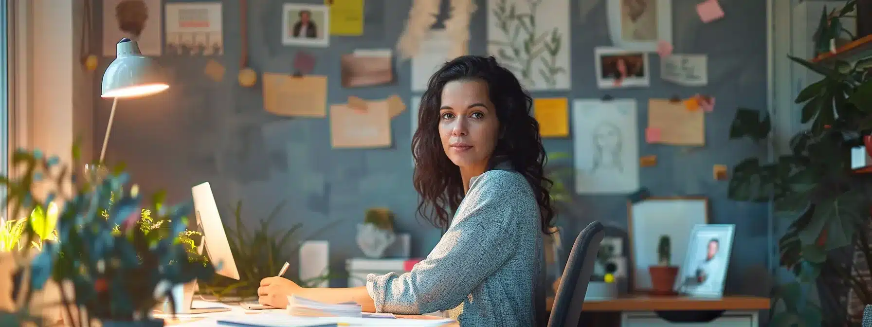 a therapist sitting at a desk, writing a compelling blog post with a serene expression, surrounded by success stories and testimonials pinned to the wall.