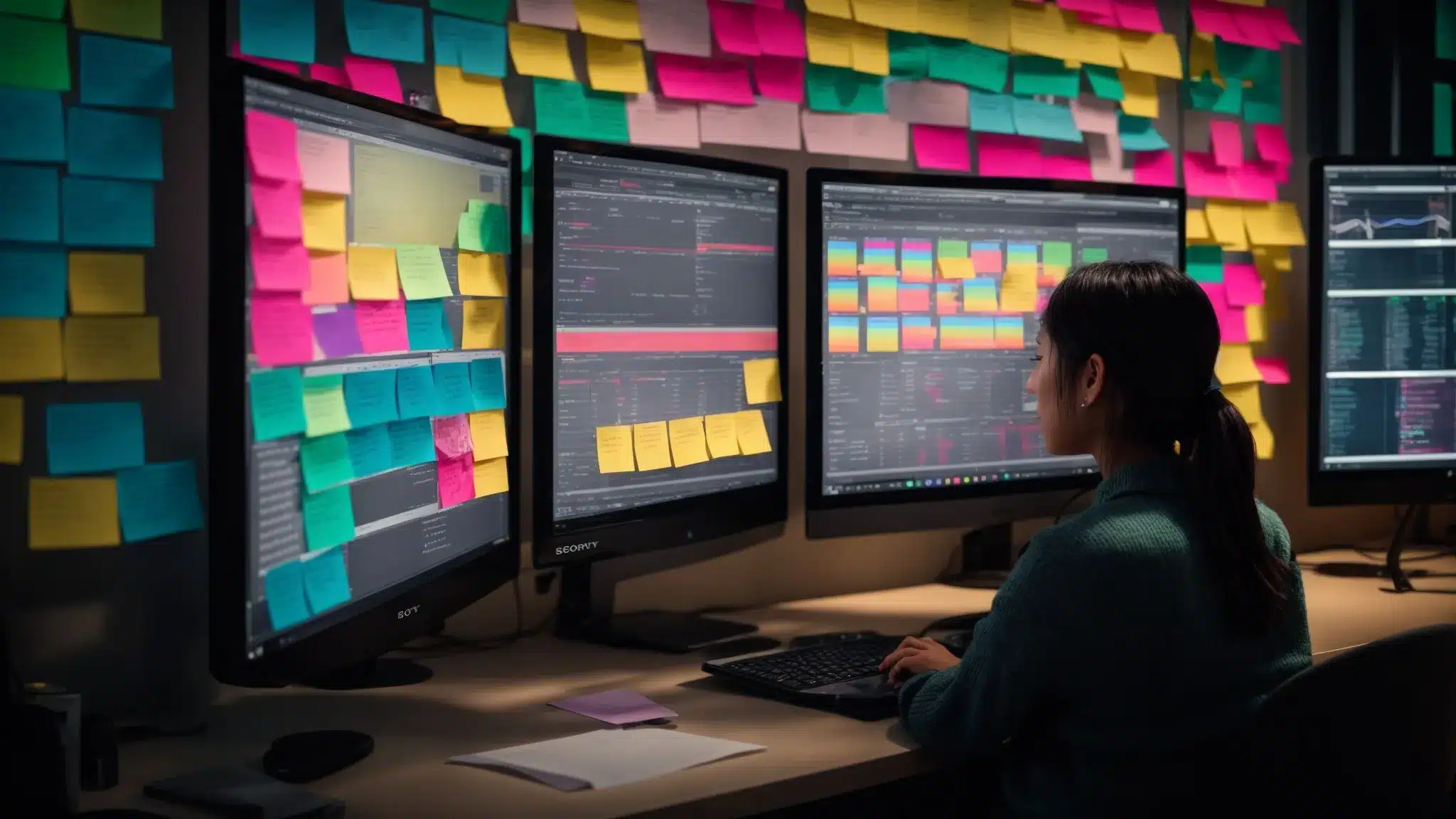 a therapist analyzing graphs and charts on a computer screen, surrounded by colorful sticky notes with different advertising strategies and kpis written on them.