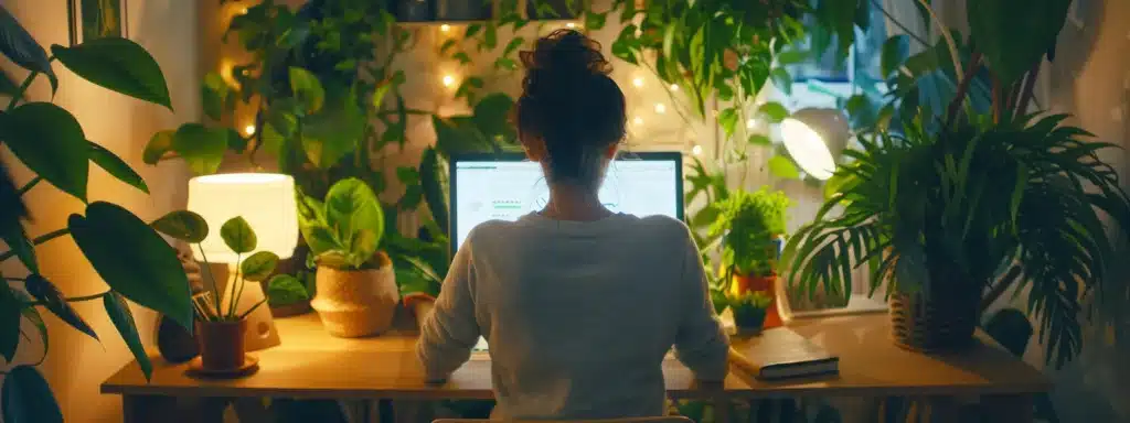 a therapist sitting at a cozy desk, surrounded by green plants, typing captivating seo content on a laptop.