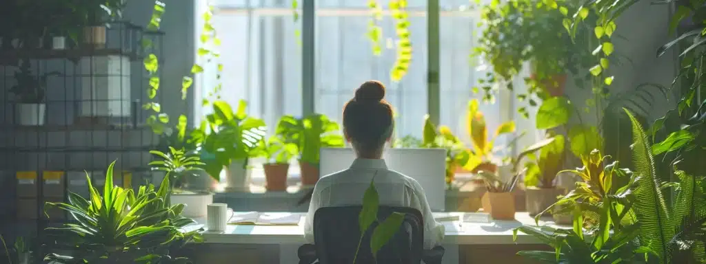 a therapist working in a bright, modern office surrounded by plants and inspirational quotes.