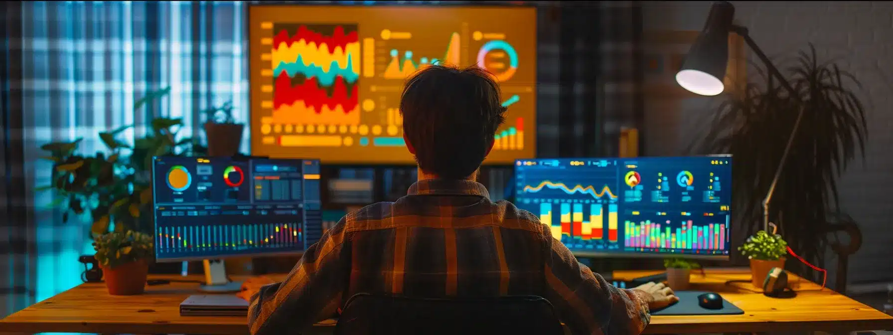 a person sitting at a desk with a computer, surrounded by colorful graphs and charts showing keyword research data.