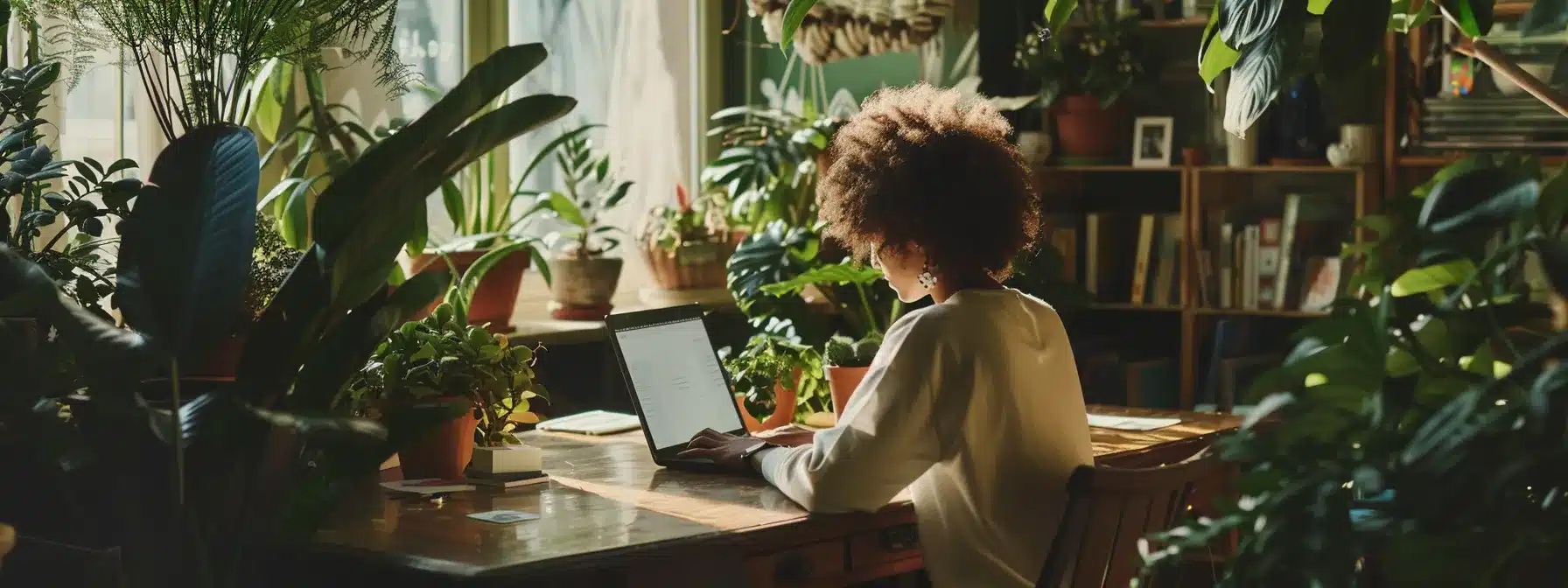 a therapist sitting at a desk, typing on a laptop surrounded by plants and inspirational quotes.