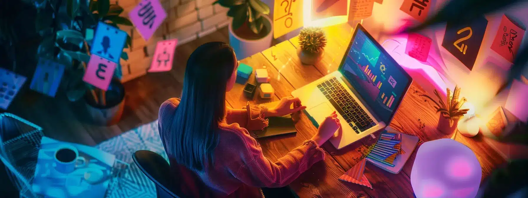 amid a brightly lit room, a person creates captivating therapy-themed infographics on a sleek laptop, surrounded by colorful question cards and engaging polls.