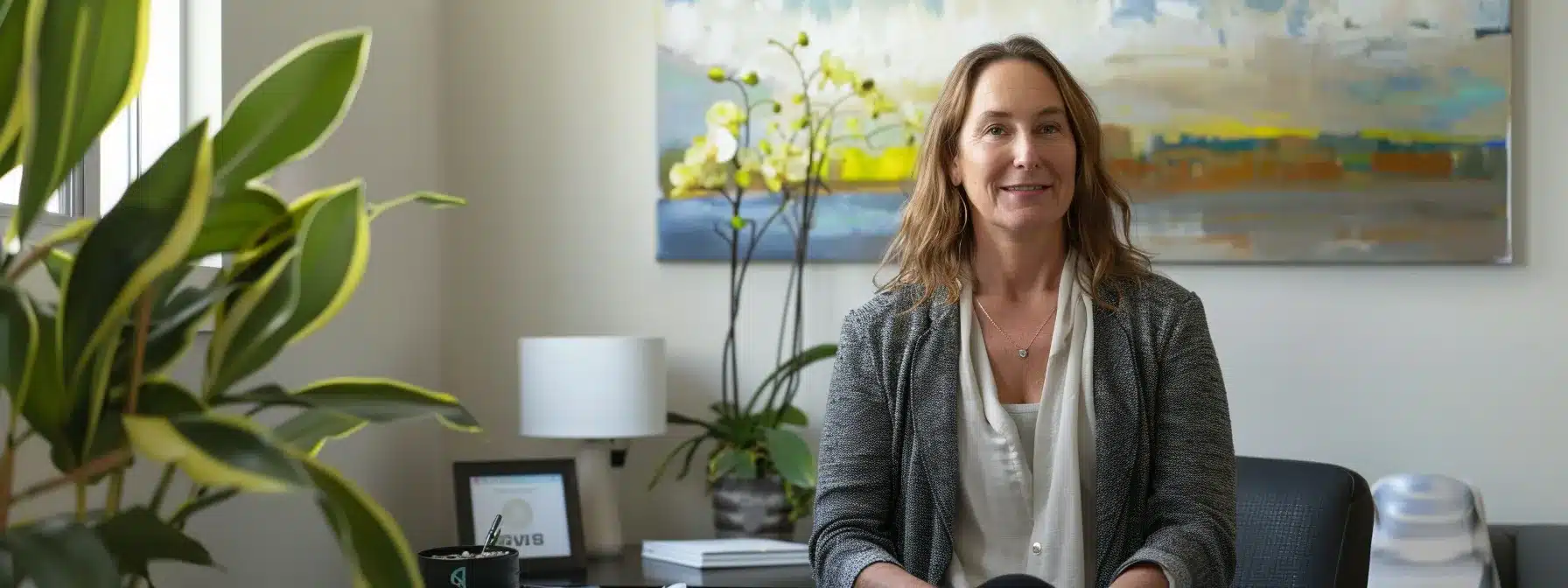 a therapist in a peaceful office setting, surrounded by local artwork and calming decor, updating and optimizing their google business profile to enhance their visibility in local searches.