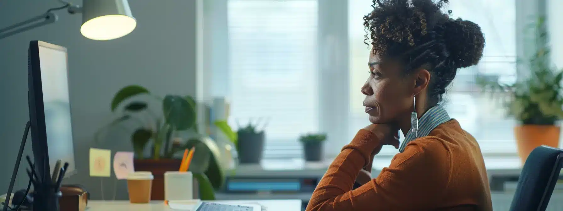 a therapist sitting at a desk, mapping out social media goals and strategies with a thoughtful expression.