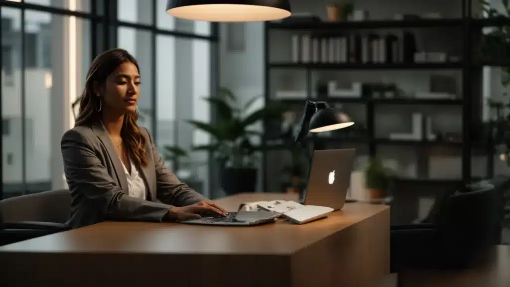 a therapist sitting in a serene, modern office with a google my business profile visible on a computer screen.