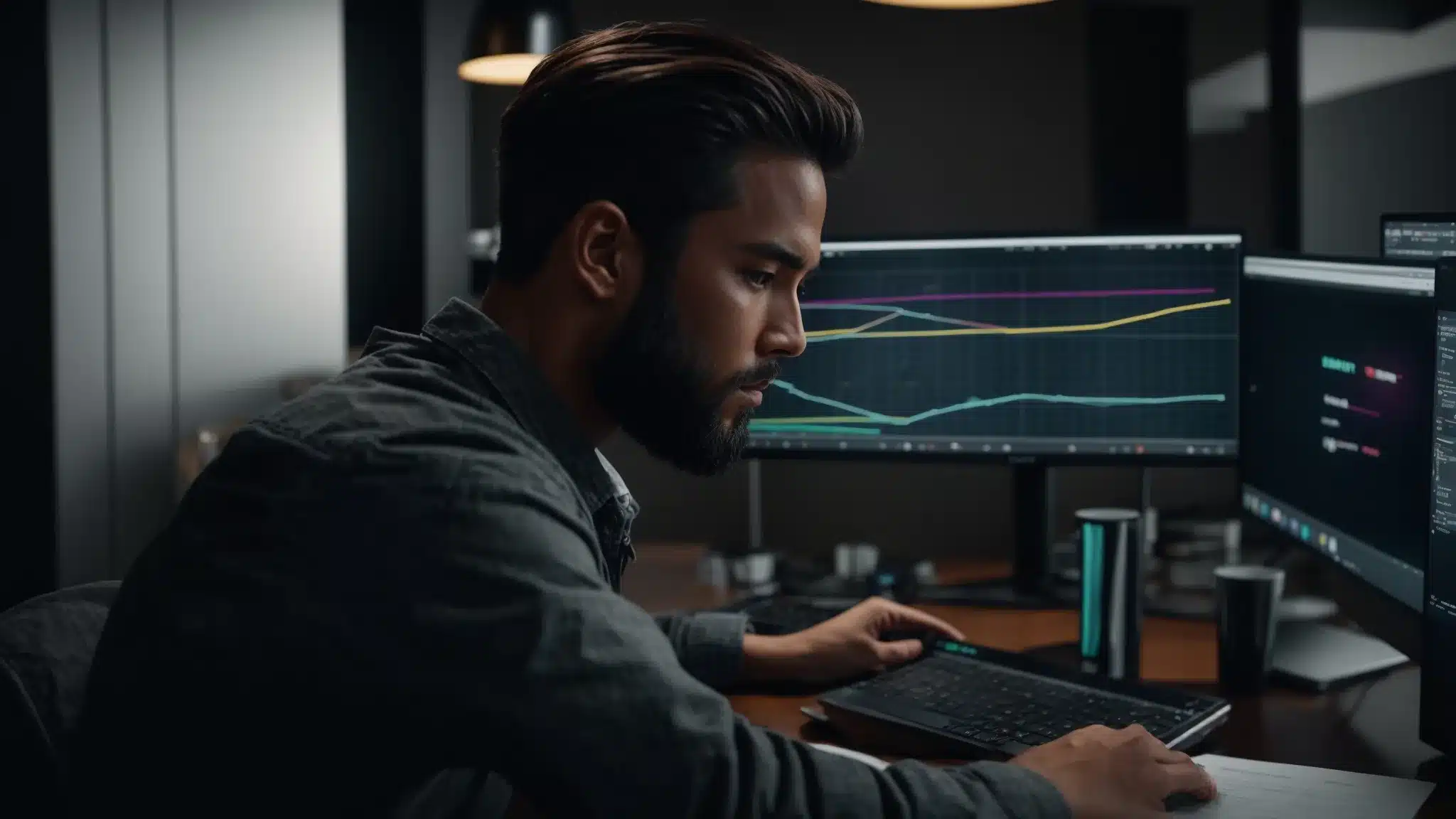 a focused web developer analyzing website performance metrics on a sleek computer screen, surrounded by testing tools and graphs.