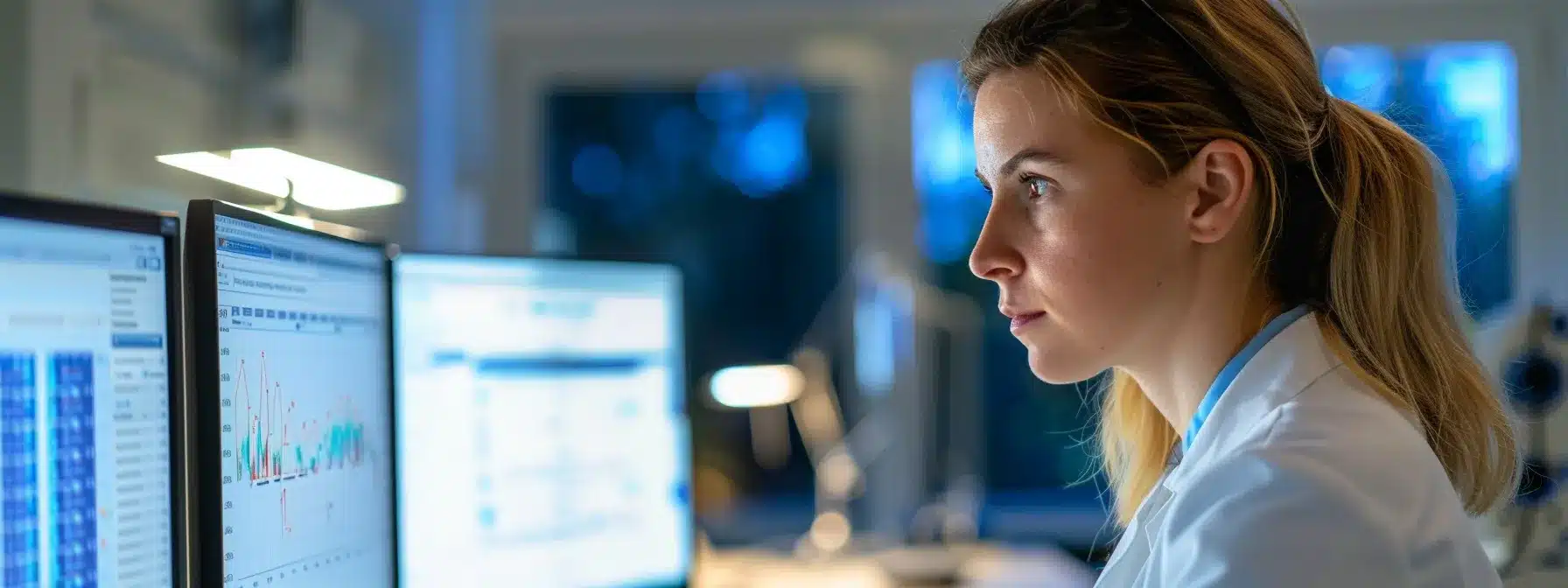 a therapist observing a computer screen, analyzing search trends and client needs in the mental health industry.