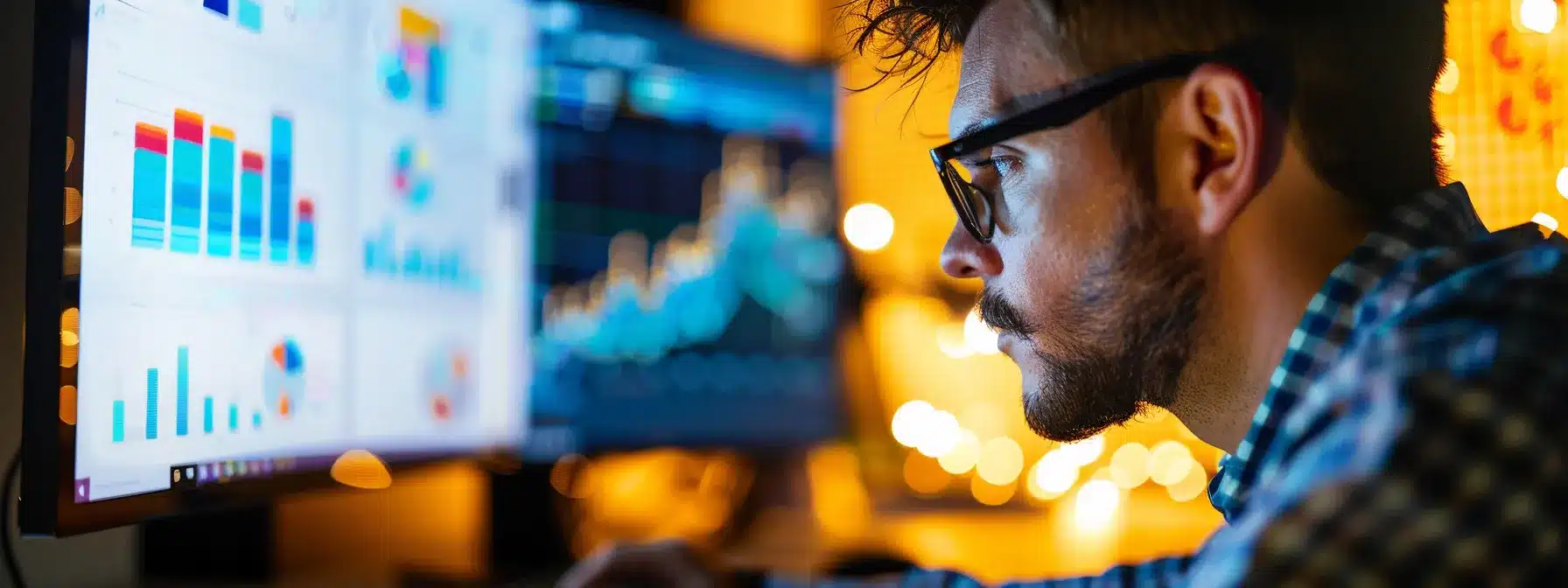 a person sitting at a computer, analyzing colorful keyword data charts on the screen with a focused expression.