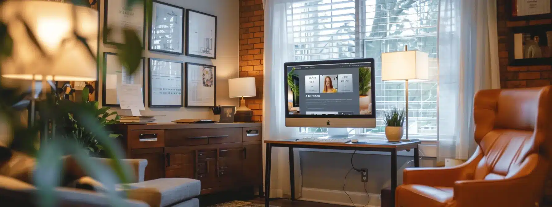 a therapist's office with a modern, inviting website displayed on a computer screen, showcasing targeted keywords, valuable blog posts, and local seo strategies to boost online visibility.