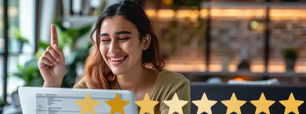 a professional looking individual smiling and pointing to a laptop screen displaying glowing 5-star reviews on a google my business page.