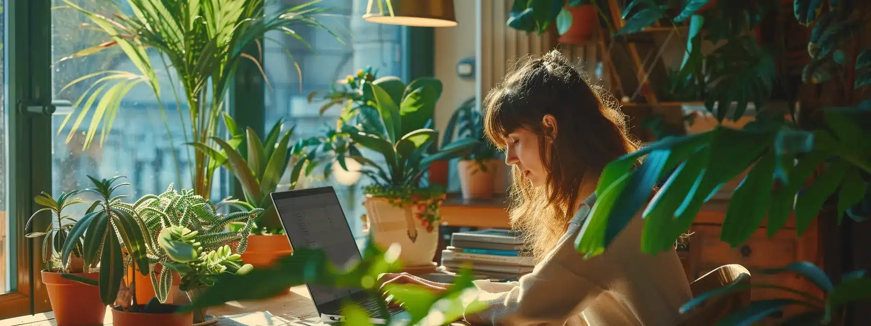 a therapist sitting at a desk, typing engaging and informative content on a laptop, surrounded by plants and a calming atmosphere, showcasing the role of content marketing in therapy practices.