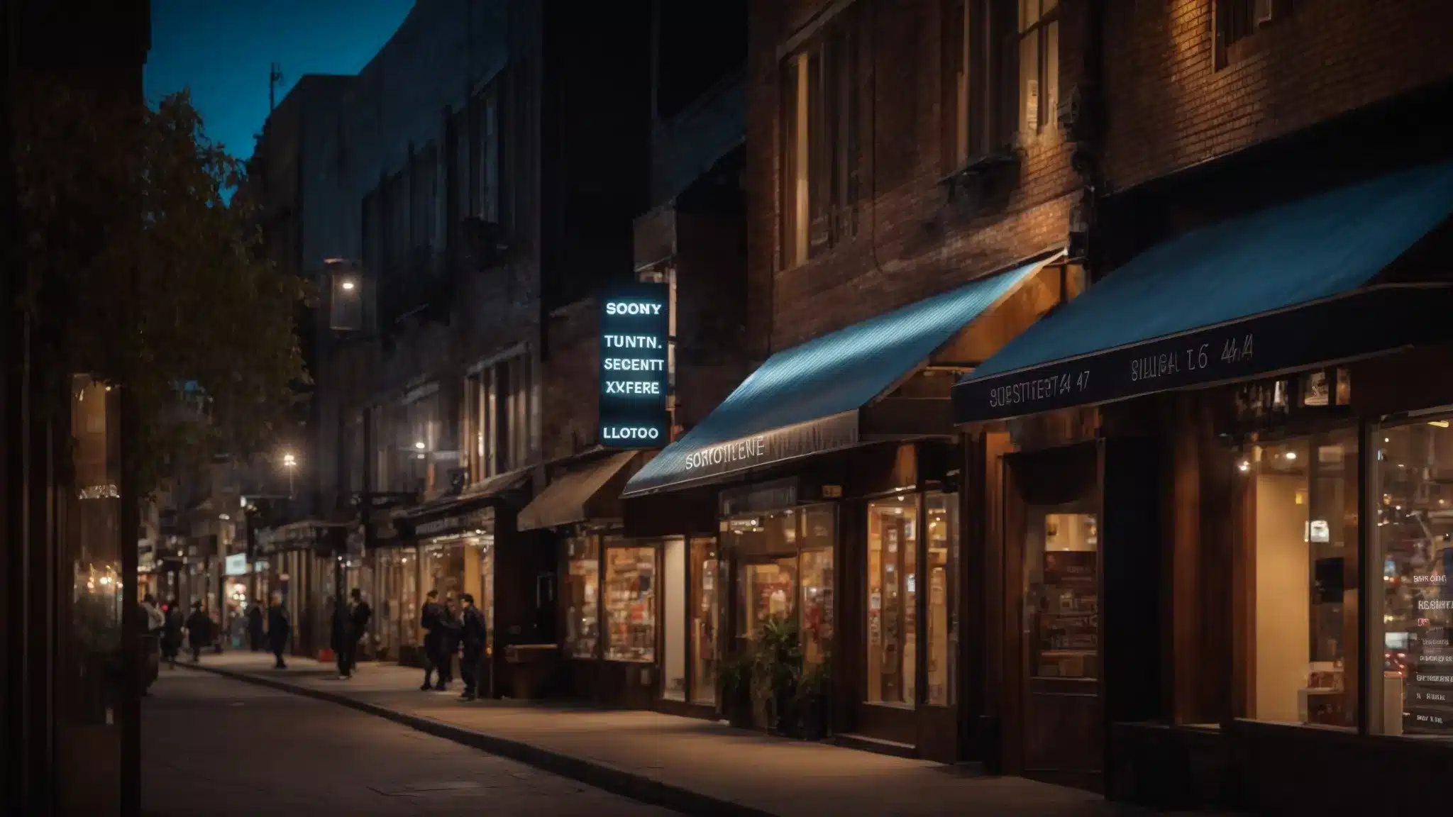 a bustling city street with a prominent storefront displaying a sign reading 