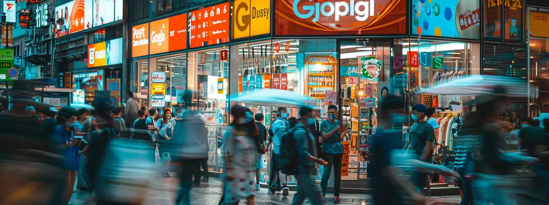 a bustling city street with colorful storefronts featuring prominent google my business and yelp stickers in the window, surrounded by a diverse group of people leaving positive reviews on their phones.