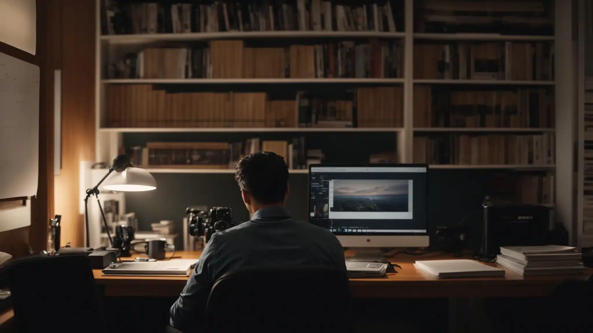 a focused counselor sitting at a desk, surrounded by a variety of content formats like books, a camera, and a microphone, while diligently working on an editorial calendar.