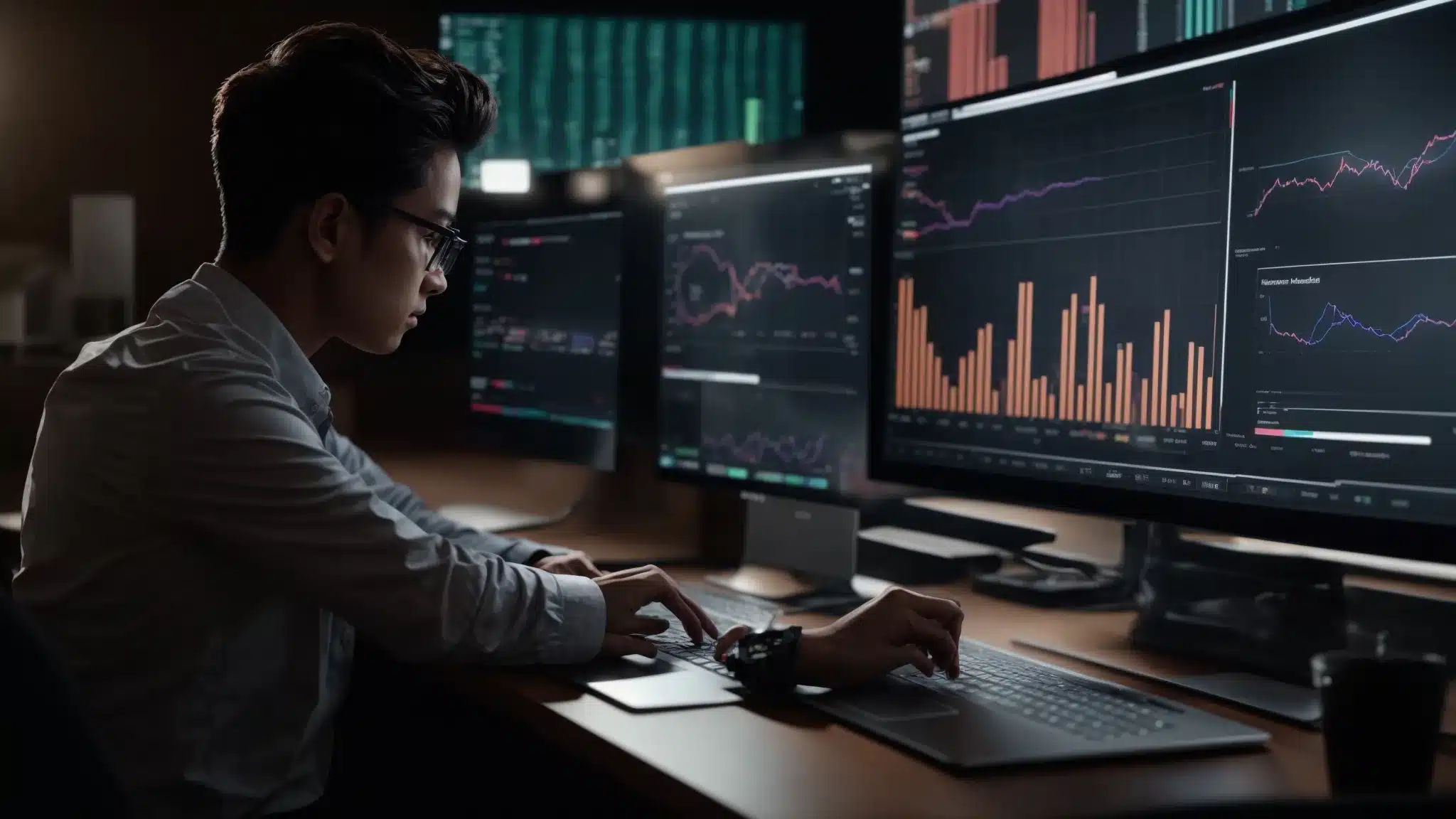 a person analyzing data on a laptop while surrounded by charts and graphs representing social media engagement metrics.