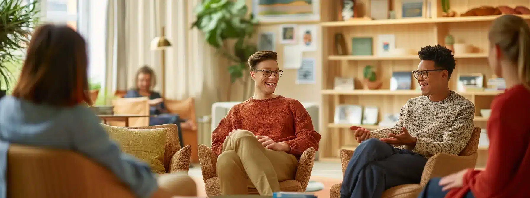 a therapist engaging with a diverse group of clients in a welcoming office setting, surrounded by calming decor and inspirational quotes.