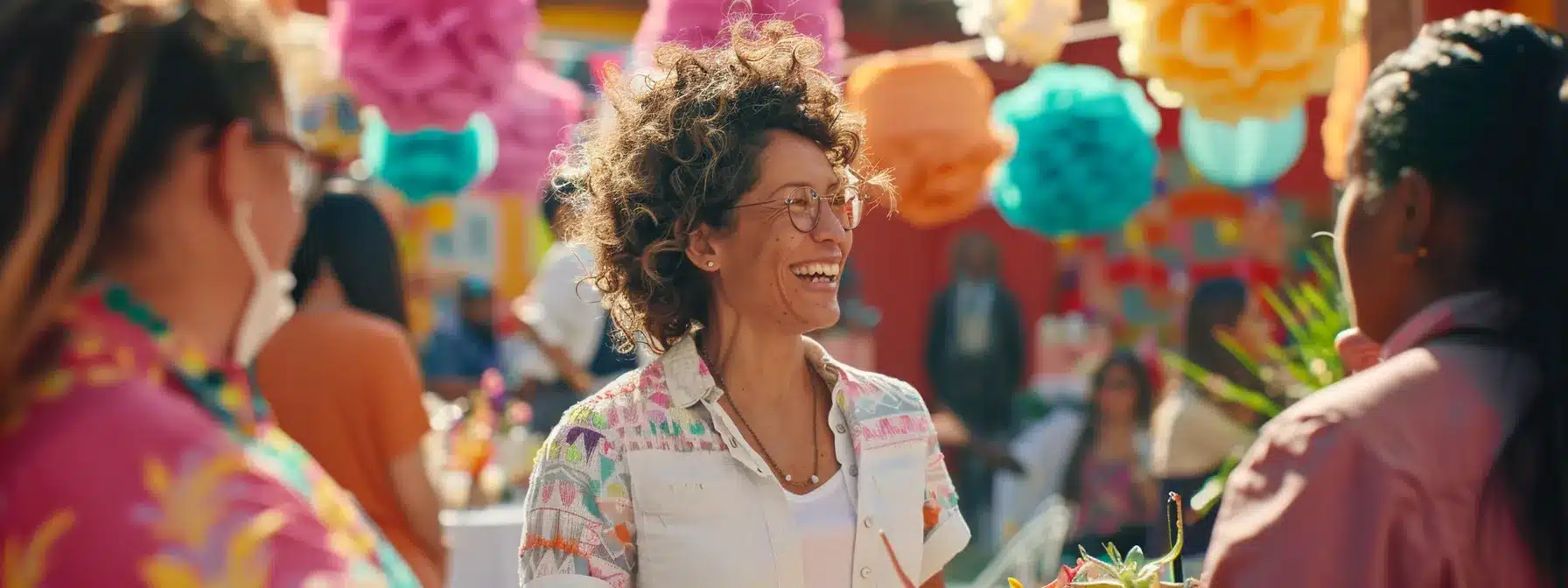 a therapist engaging with locals at a community event, surrounded by vibrant decorations and interacting with attendees.