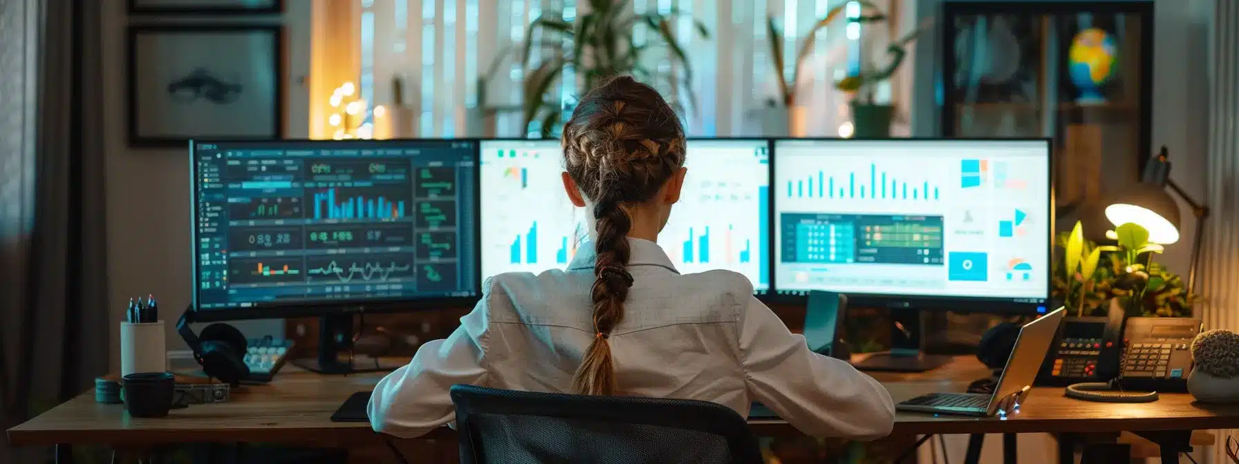 a therapist sitting at a desk surrounded by computer screens showing keyword research tools, on-page seo optimization tools, and search ranking monitoring tools.