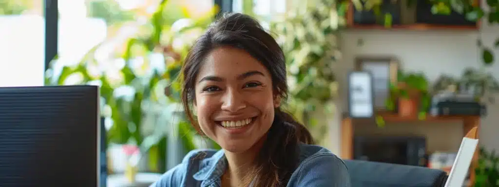 a therapist smiling in front of a computer screen, updating their google business listing with a look of satisfaction.