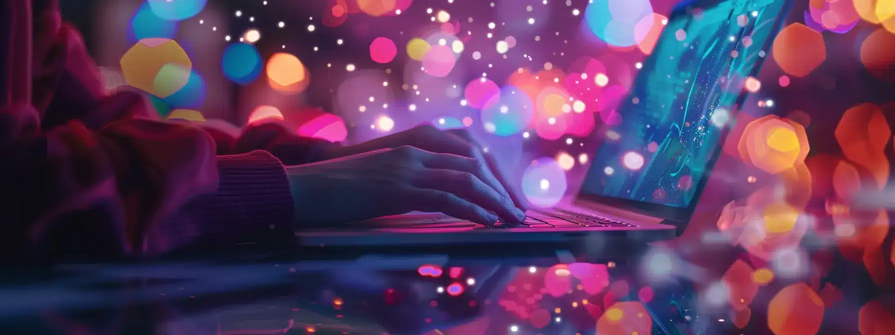 a person typing on a laptop surrounded by vibrant, captivating visuals for a multimedia blog post.