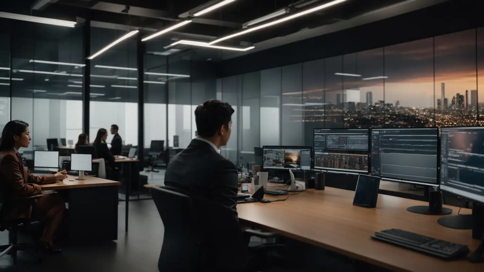 a therapist collaborating with professionals in a modern office, surrounded by screens showing backlink data analytics.