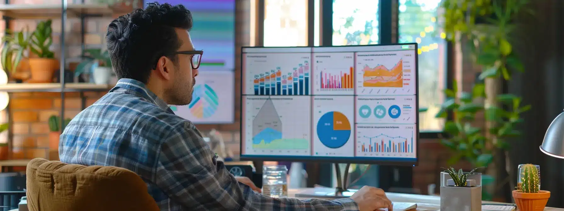 a therapist reviewing a social media analytics dashboard, with colorful graphs and charts displaying engagement and growth metrics, surrounded by modern technology and a vibrant, dynamic workspace.