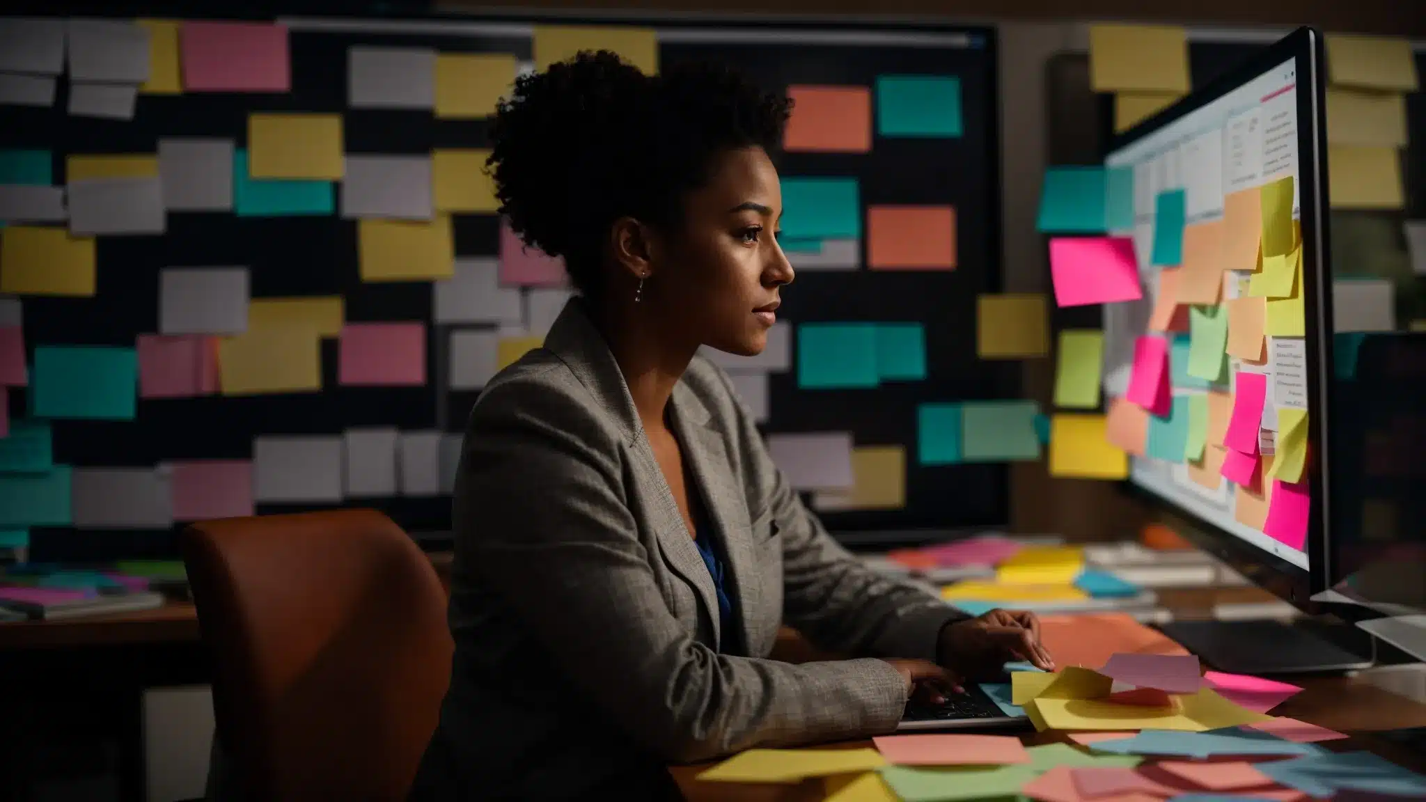 a therapist sitting at a desk, surrounded by colorful post-it notes with topics like medication, marriage, and neurodiversity, while analyzing analytics on a computer screen.