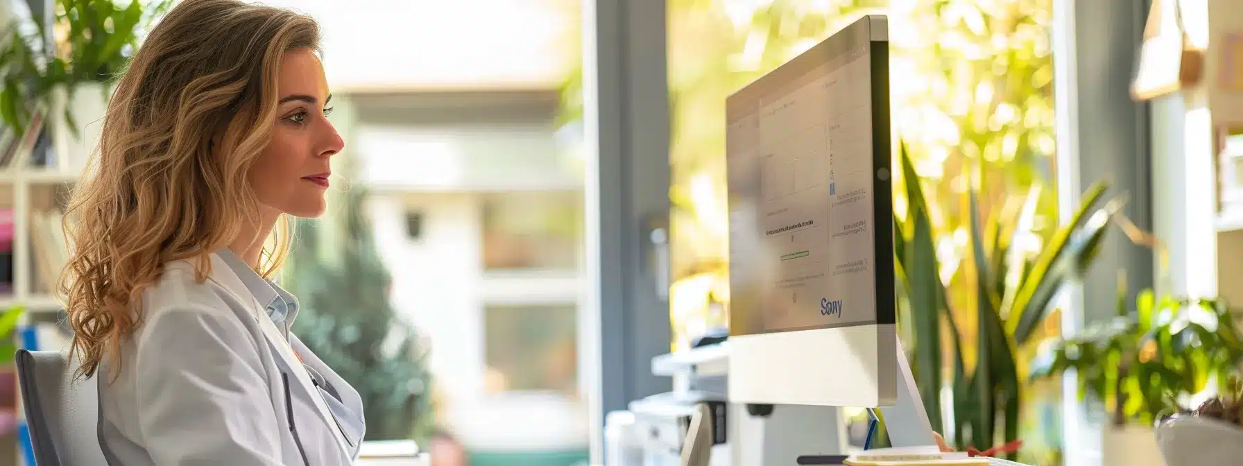 a therapist standing in front of a computer screen, carefully inputting detailed information into a google business profile.