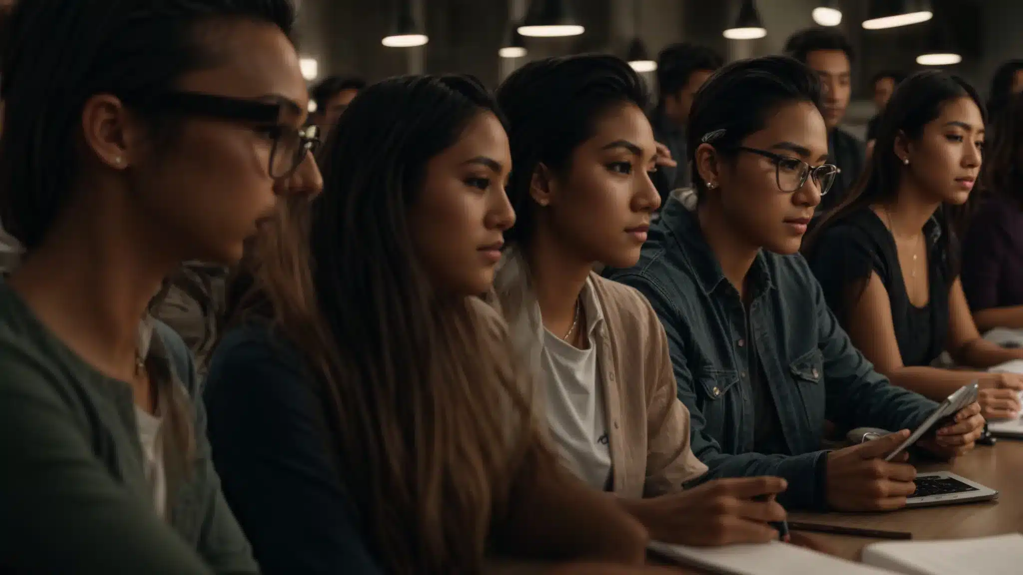 a person surrounded by a diverse group of people, listening intently and taking notes as they gather feedback to evaluate and refine their brand voice over time.