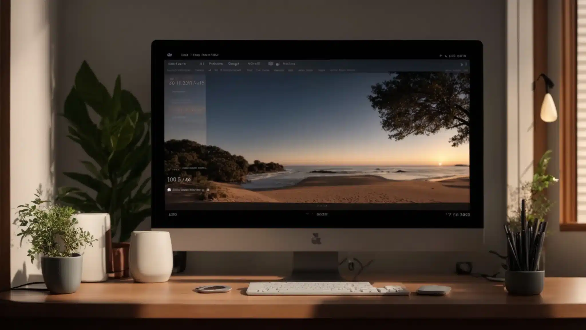 a therapist's cozy office with a virtual tour displayed on a computer screen, a calendar open for appointment booking, and a prominently updated google my business profile.