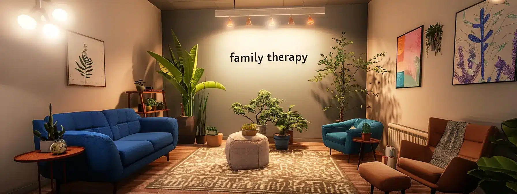 a therapist's cozy and inviting office with a vibrant sign displaying 