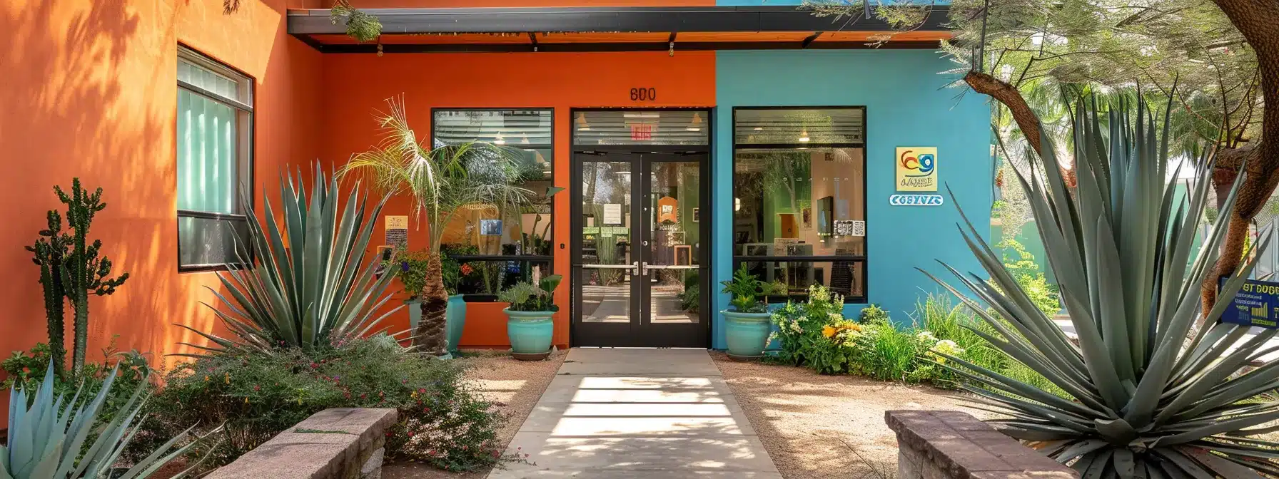 a therapist's office with a vibrant, inviting exterior showcasing a prominent google my business badge.