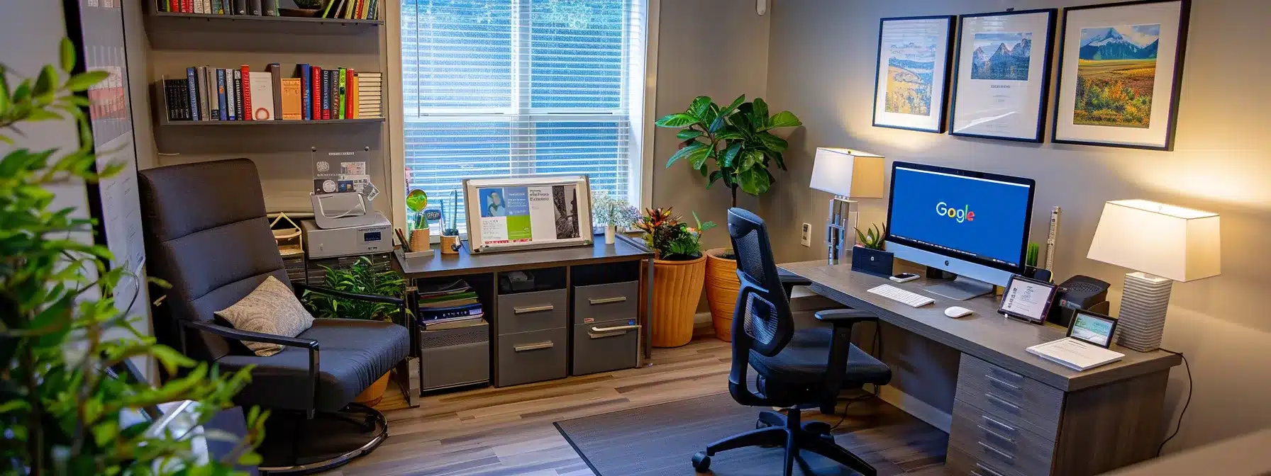 a therapist's office with a glowing google business profile displayed on a computer screen, surrounded by consistent business information and niche therapy directories.