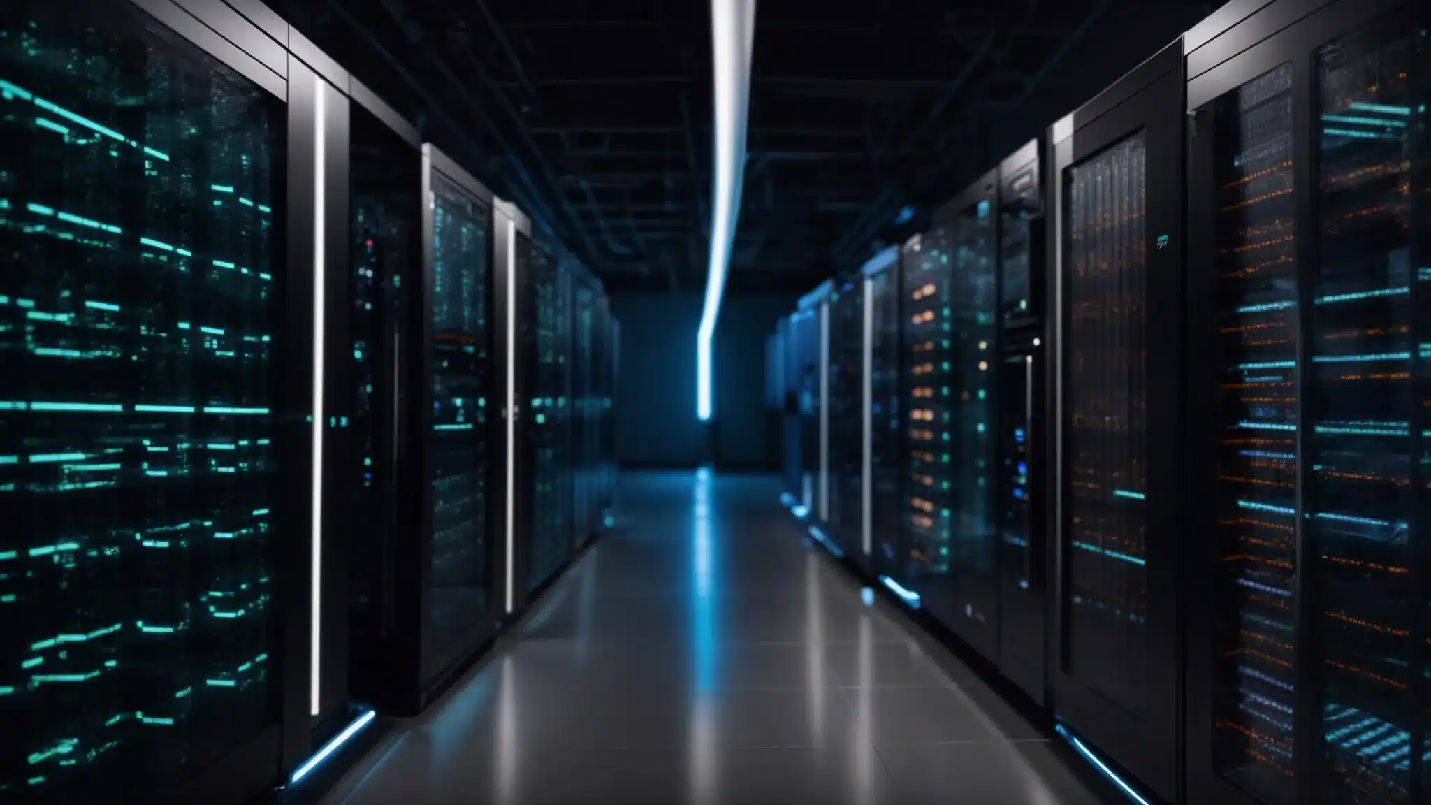 a sleek, modern server room with rows of powerful servers connected to content delivery networks, enhancing speed and reliability for a therapy practice website.