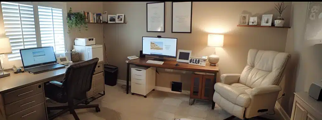 a therapist's cozy, welcoming office with a modern, professional website displayed on a sleek computer screen.