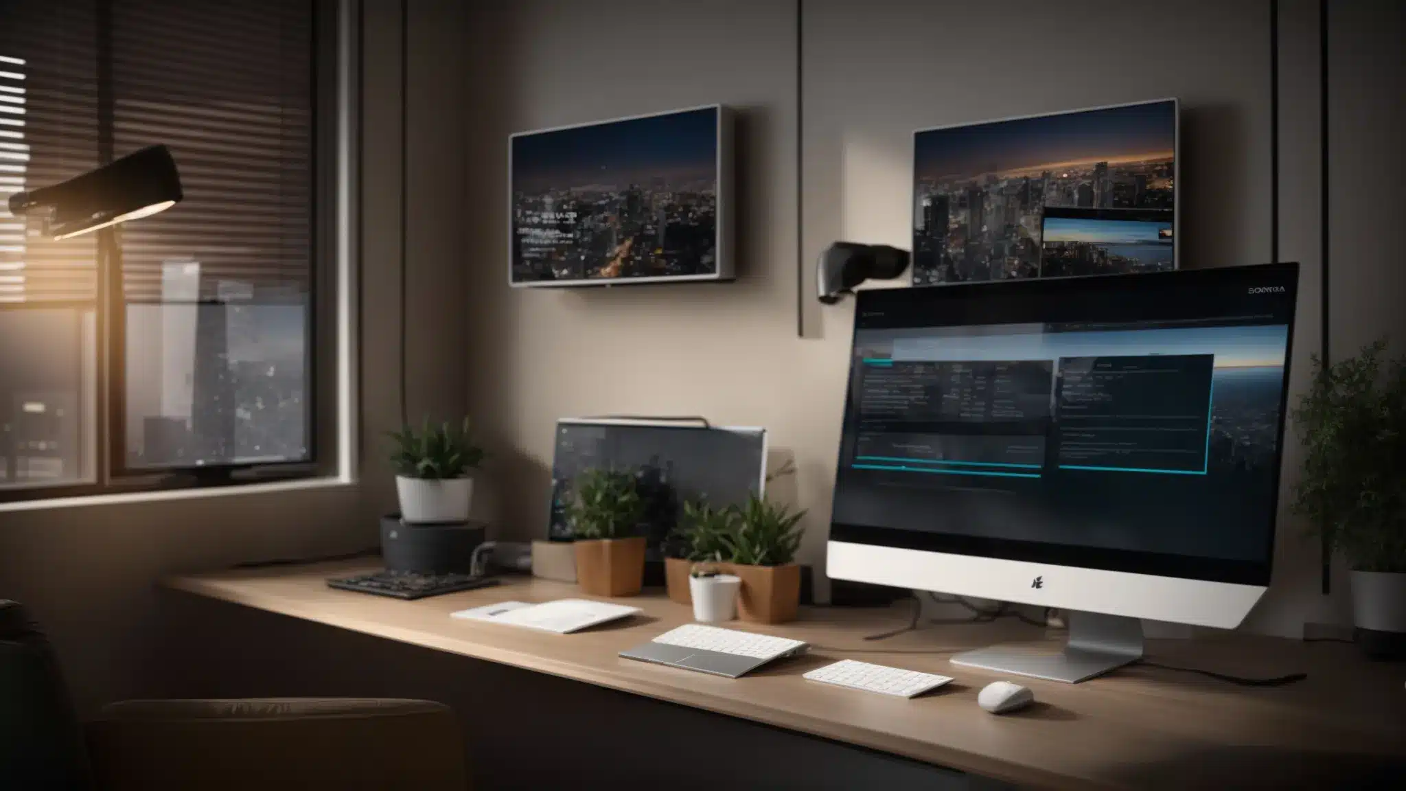 a therapist's office with a modern, sleek design, showcasing a computer screen displaying a website with high search engine rankings and a polished social media profile.