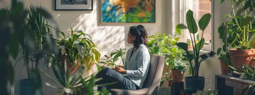 a therapist sitting in a cozy office surrounded by plants and calming artwork, engaging with a large online following on social media.