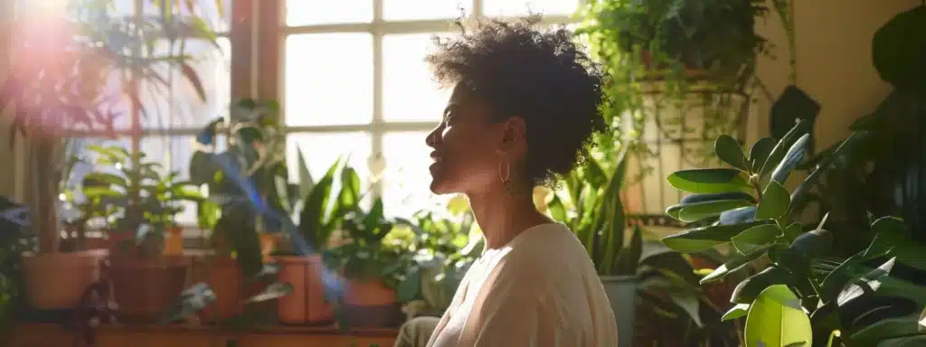 a therapist sitting in a peaceful, sunlit room, smiling as they engage with clients on social media, surrounded by plants and calming decor.