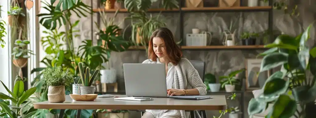 a therapist sitting at a modern desk with a sleek laptop, surrounded by plants and calming decor, creating a welcoming website for clients.