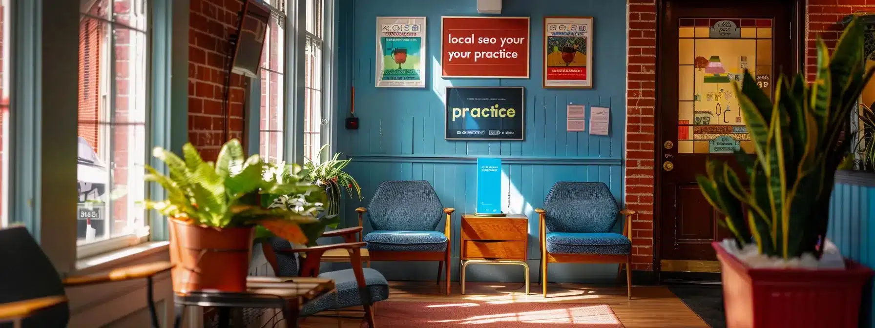 a therapist's office nestled in a vibrant neighborhood, with a welcoming sign showcasing 