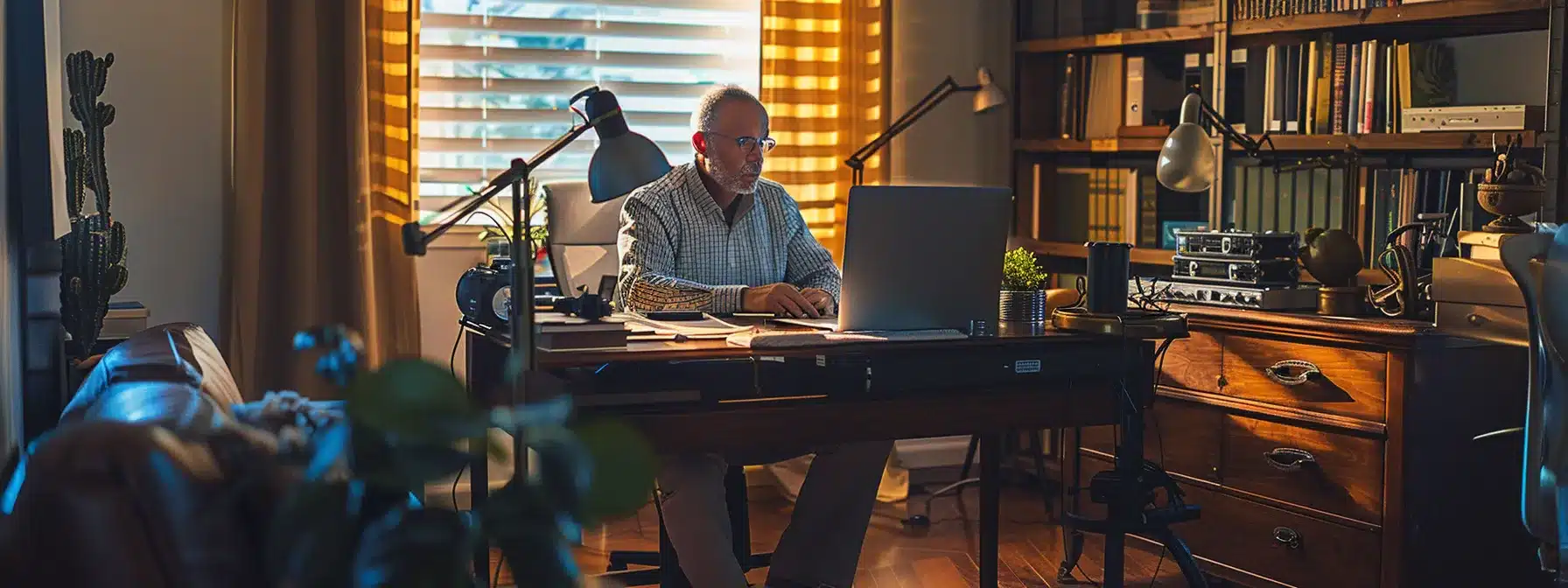 a therapist sitting at a desk, surrounded by notebooks, a laptop, and a microphone, recording a podcast on mental health topics.