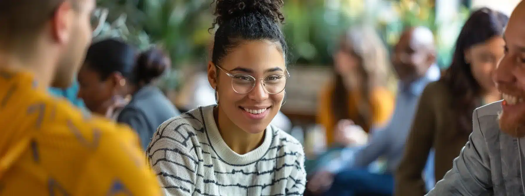 a therapist attending a local community event, surrounded by diverse attendees and engaging in conversations.