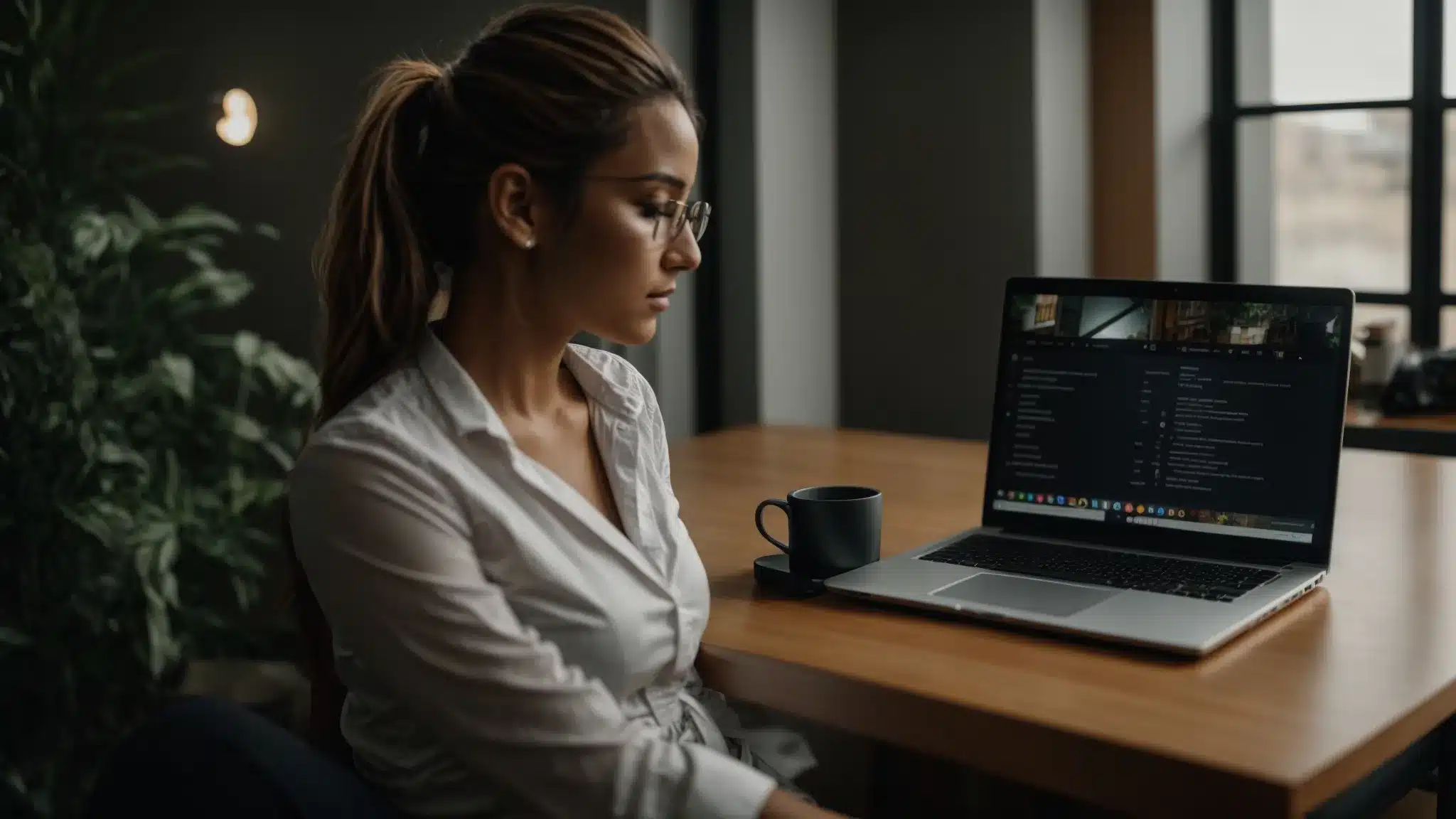 a therapist sitting at a desk, responding to positive client reviews on their google my business page with a laptop open displaying analytics and telehealth options.